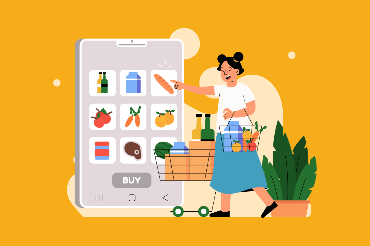 illustration of a smiling woman shopping online using a giant smartphone. she points at grocery icons while pushing a cart, with a plant nearby. bright, cheerful tone.