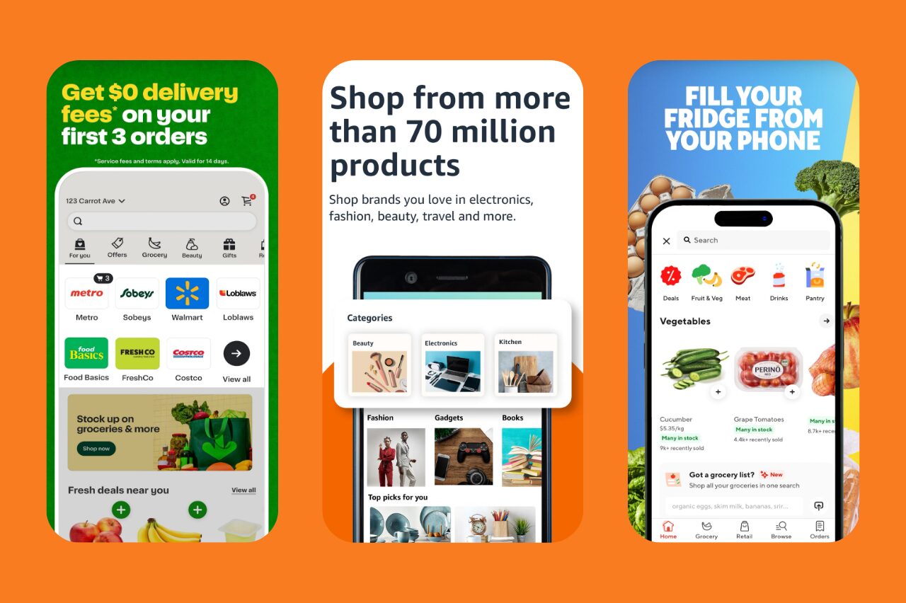 alt text: shopping mobile app ads highlighting online grocery shopping. includes delivery offers, product categories like electronics and fashion, and phone screens displaying app interfaces. vibrant colors contribute to a convenient and modern shopping theme.